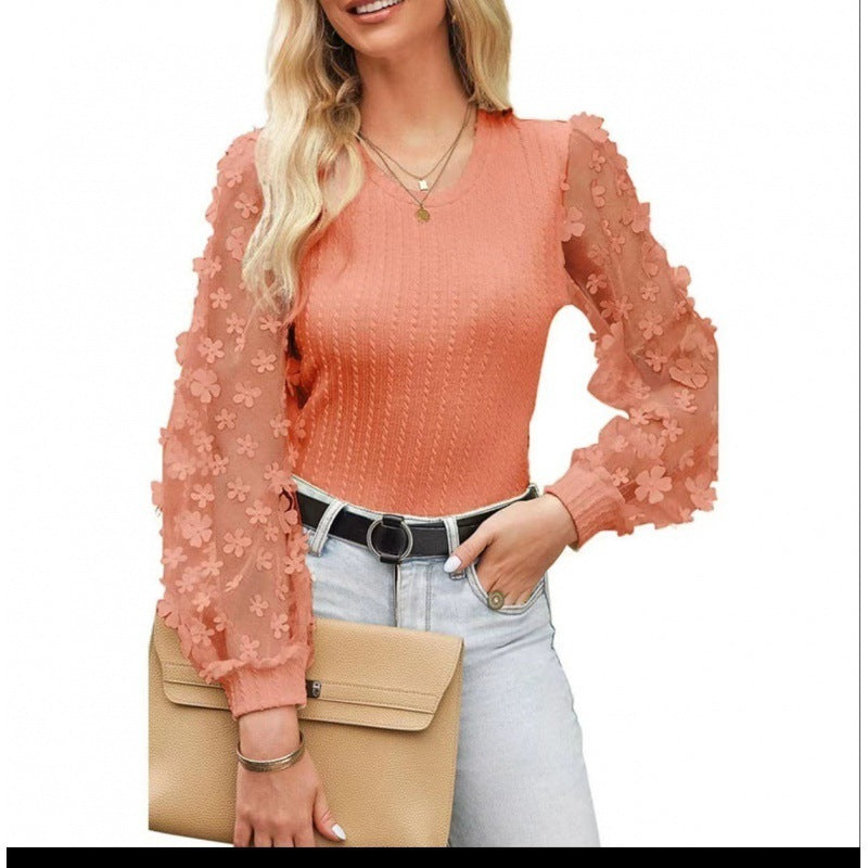 Women's Mesh Small Flower Chiffon Shirt Summer Round Neck Long Sleeve Top Kamran Fashion
