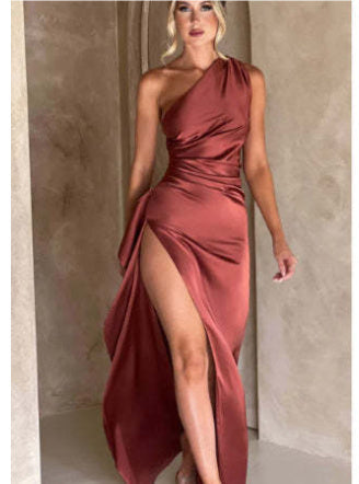 Sexy One-shoulder Backless Slit Dress Summer Elegant Slim-fit Solid Color Satin Dresses For Women Kamran Fashion