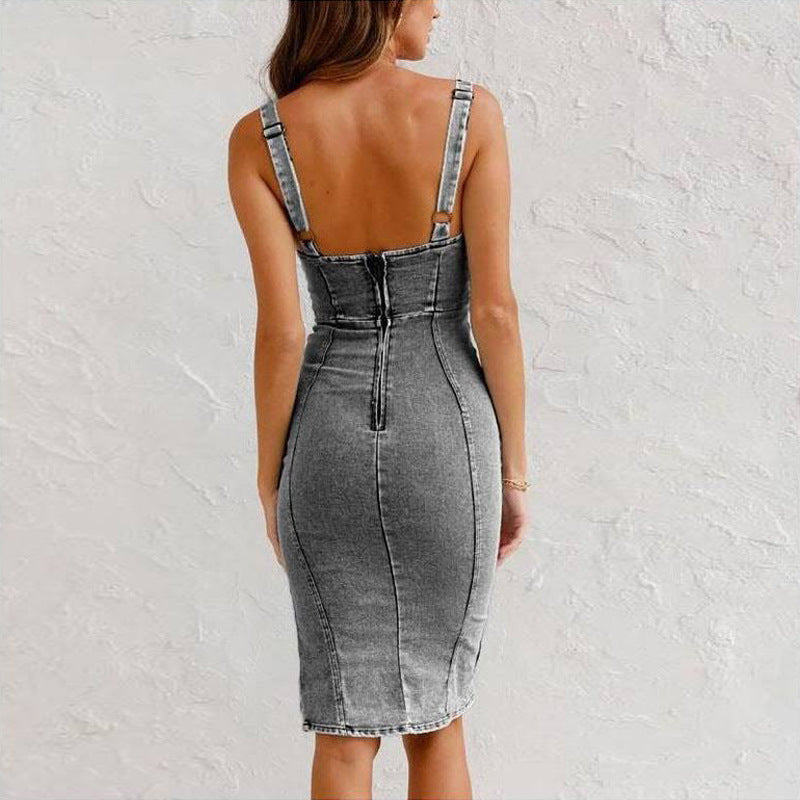 New U-neck Suspender Denim Dress Summer Casual Tight Slim Fit Dresses With Slit Design Womens Clothing Kamran Fashion
