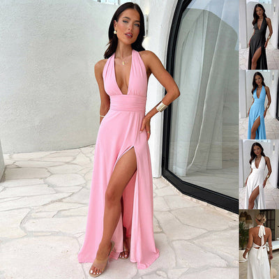 Sexy Halterneck V-neck Slit Dress Summer Backless Strappy Skirt Fashion Temperament Clothing Women Kamran Fashion