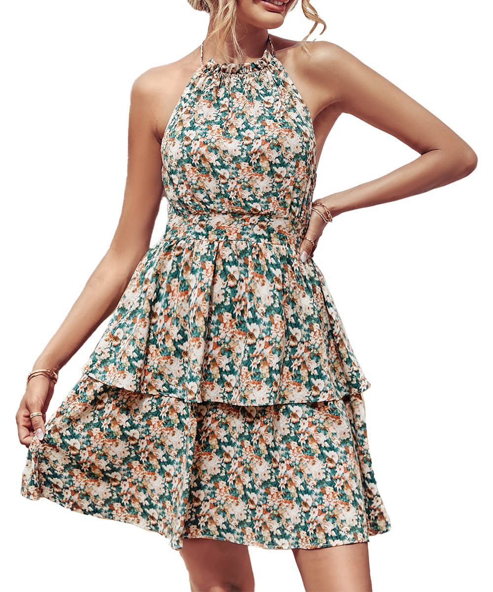 Summer Printed Halter Dress Fashion Boho Backless Ruffled A-Line Beach Dresses For Womens Clothing Kamran Fashion