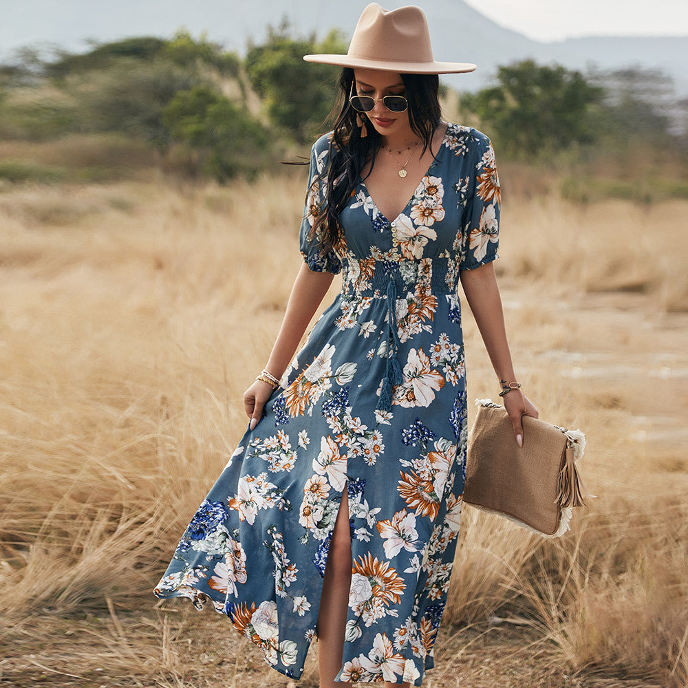 Floral Summer Beach Dress With V Neck Elastic Waist Dresses For Women Kamran Fashion