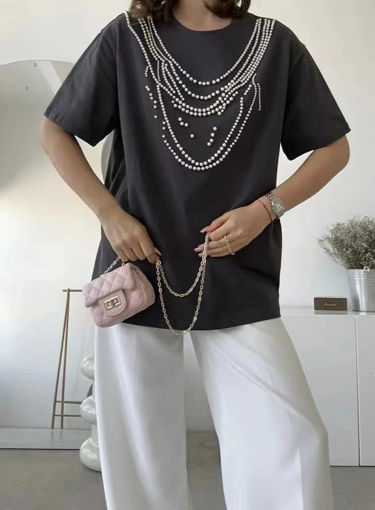 Heavy Industry Beads Pearl All-match Slimming And Fashionable Top Kamran Fashion