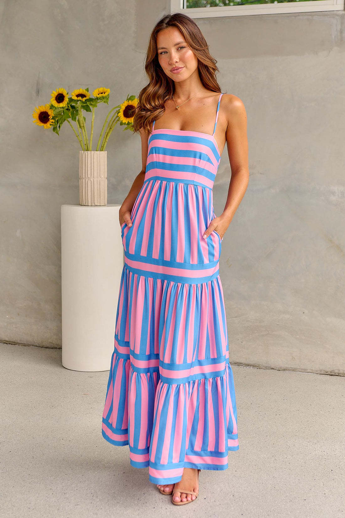 Summer Striped Printed Suspender Long Dress With Pockets Fashion Square Neck Backless Dresses For Beach Vacation Women Clothing Kamran Fashion