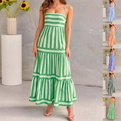Summer Striped Printed Suspender Long Dress With Pockets Fashion Square Neck Backless Dresses For Beach Vacation Women Clothing Kamran Fashion