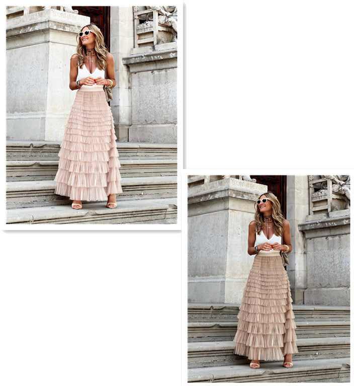 Layered Ruffles Cake Skirt Summer Fashion A Line Swing Mesh Long Skirt Party Dress Women Kamran Fashion