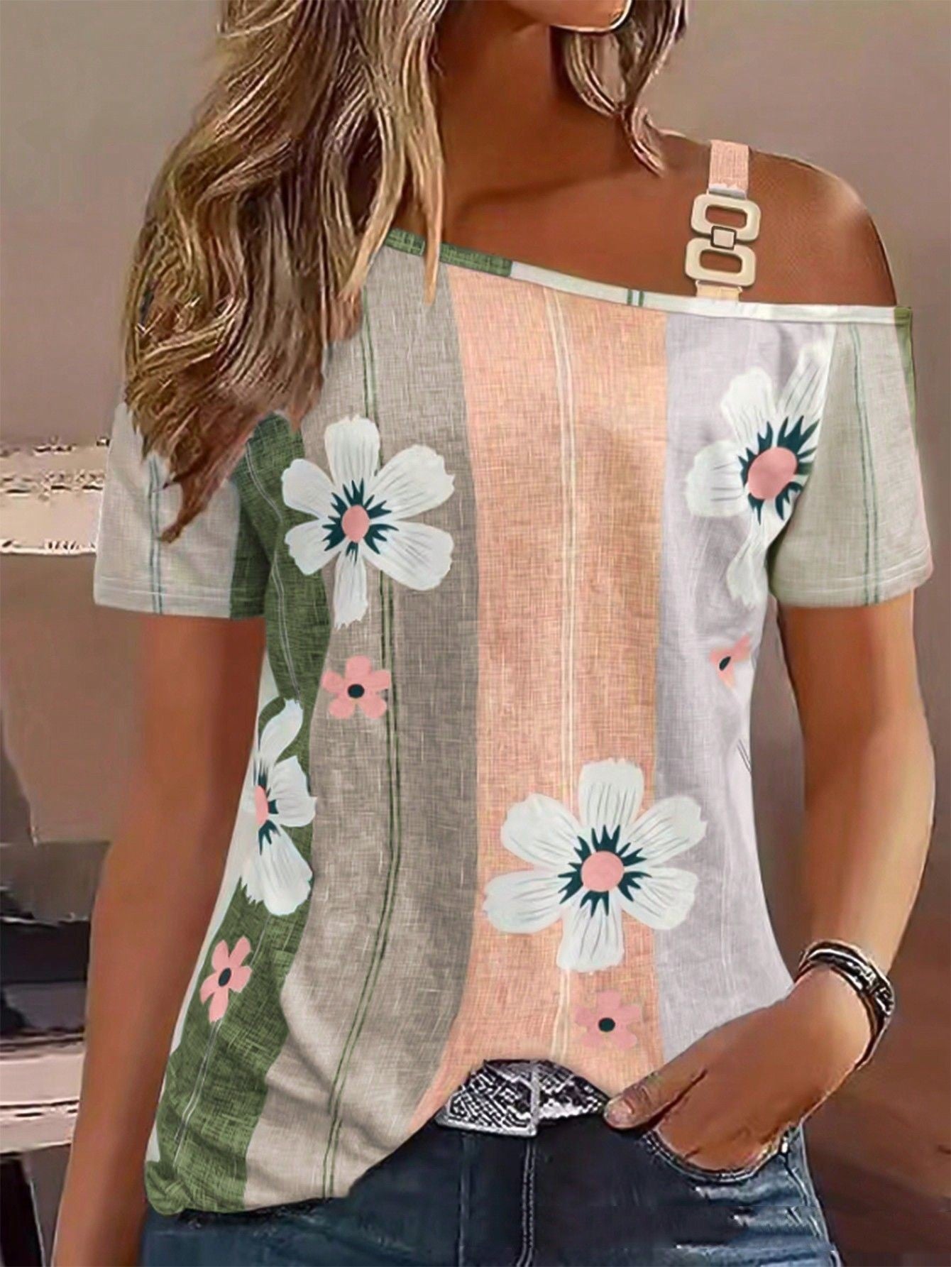 Shoulder-baring Flower Print Button Knitted Short-sleeved T-shirt Kamran Fashion