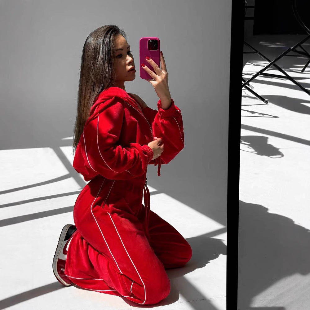Women's Casual Velvet Hooded Cardigan Coat Wide-leg Pants Sports Suit Kamran Fashion