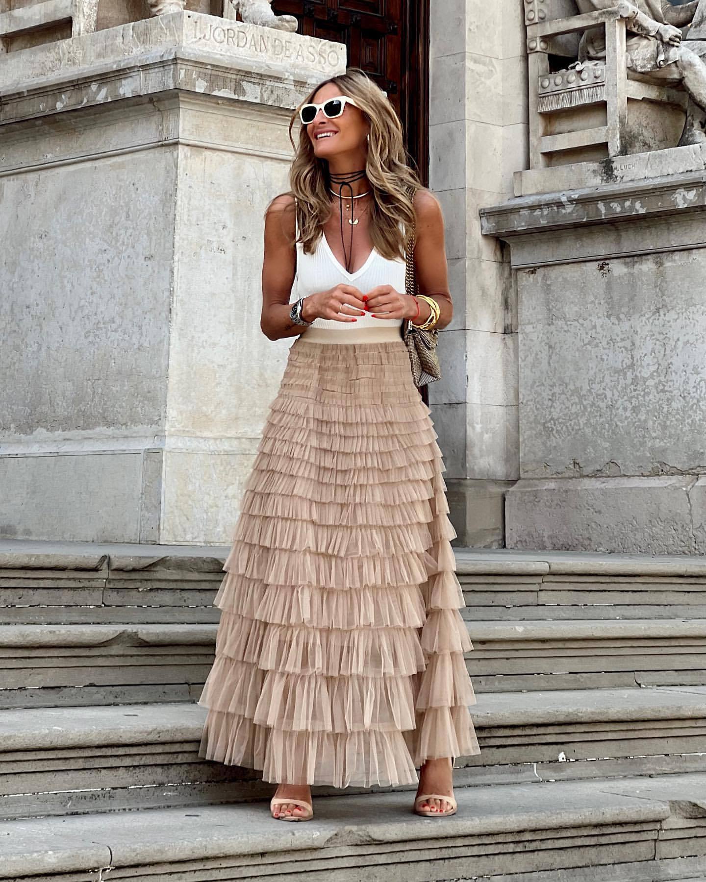 Layered Ruffles Cake Skirt Summer Fashion A Line Swing Mesh Long Skirt Party Dress Women Kamran Fashion