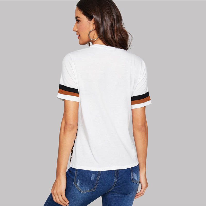 White Color Block Cut-and-Sew Leopard Panel Top Short Sleeve O-Neck Casual T Shirt Women Summer Leisure Tshirt Tops Kamran Fashion