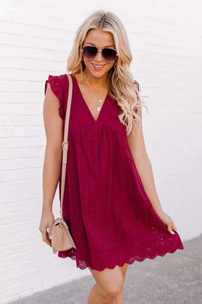Lace Dresses With Pocket Summer Sleeveless Jacquard Cutout V-Neck Beach Dress Kamran Fashion