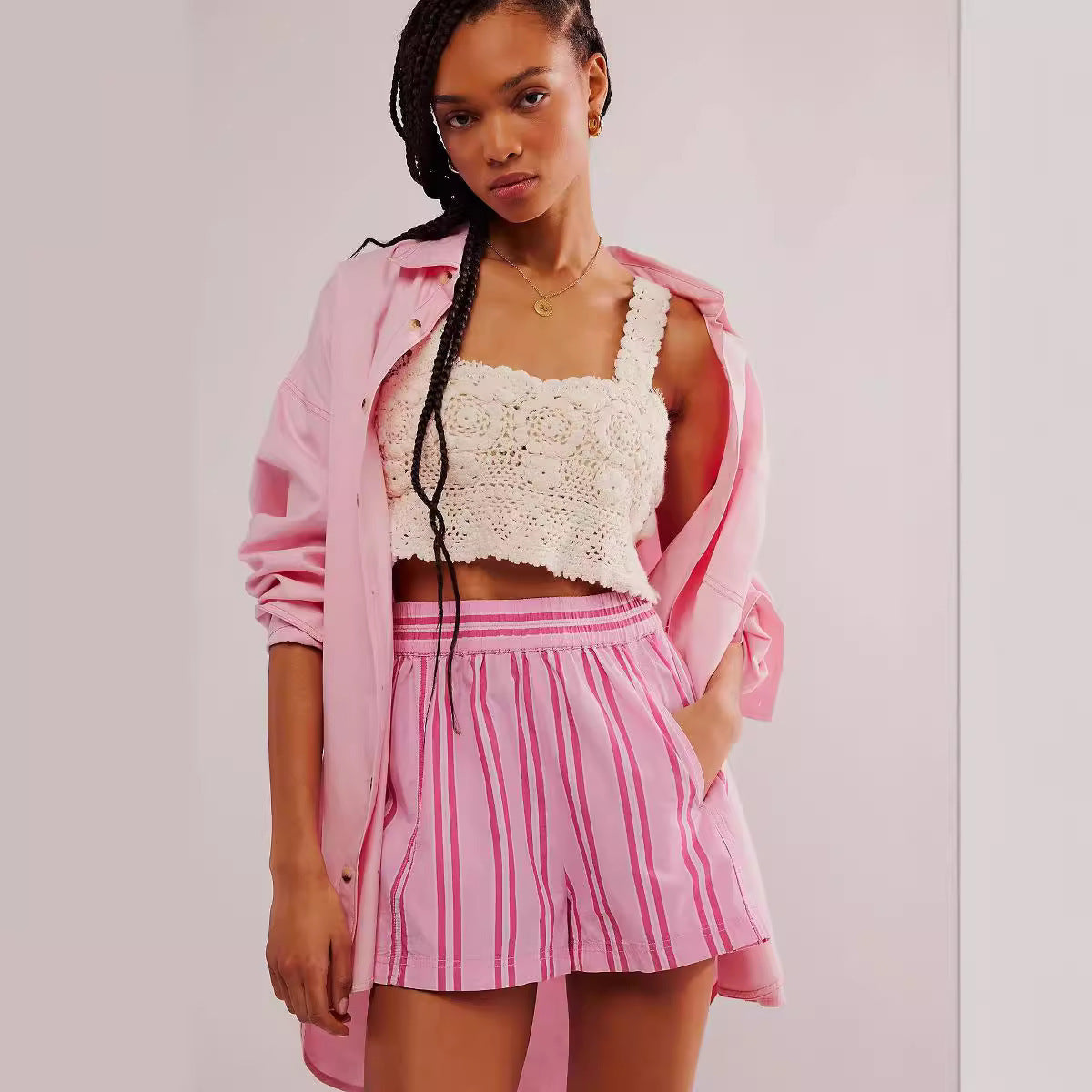 Y2K Stripe Print Shorts Summer Fashion Elastic Beach Pants With Pockets Womens Clothing Kamran Fashion