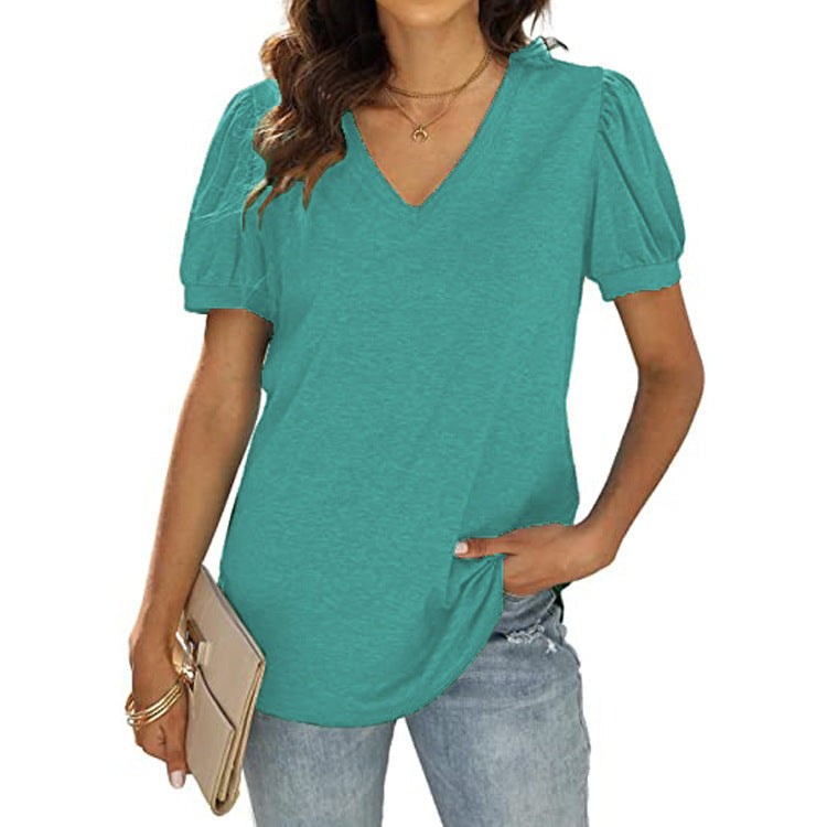 European And American Summer Casual V-neck Solid Color Puff Sleeve Loose T-shirt For Women Kamran Fashion