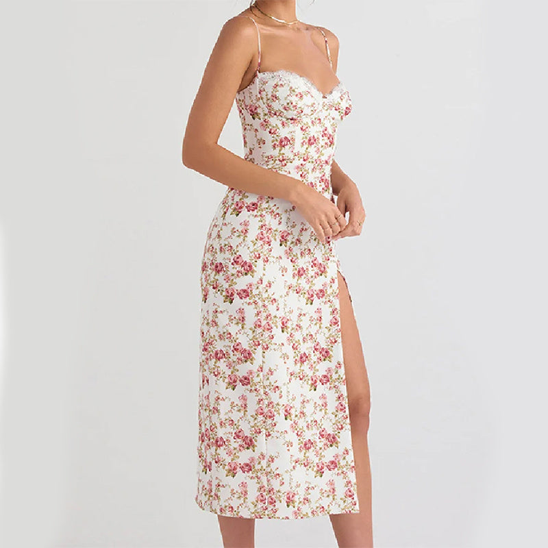 Lace Flowers Print Long Dress Sexy Fashion Slit Suspender Dress Summer Womens Clothing Kamran Fashion