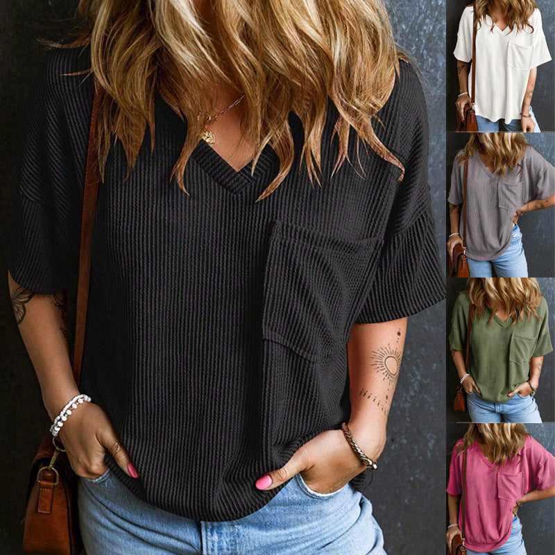 Fashionable Two-tone Pullover Short Sleeve V-neck Top For Women Kamran Fashion