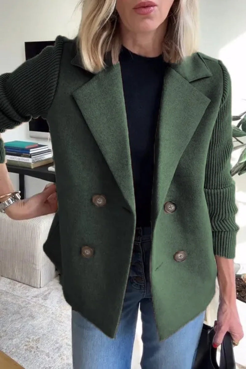 Double Breasted Lapel Jacket Fashion Knitted Sleeves Splicing Design Coat Outerwear Women's Clothing Kamran Fashion