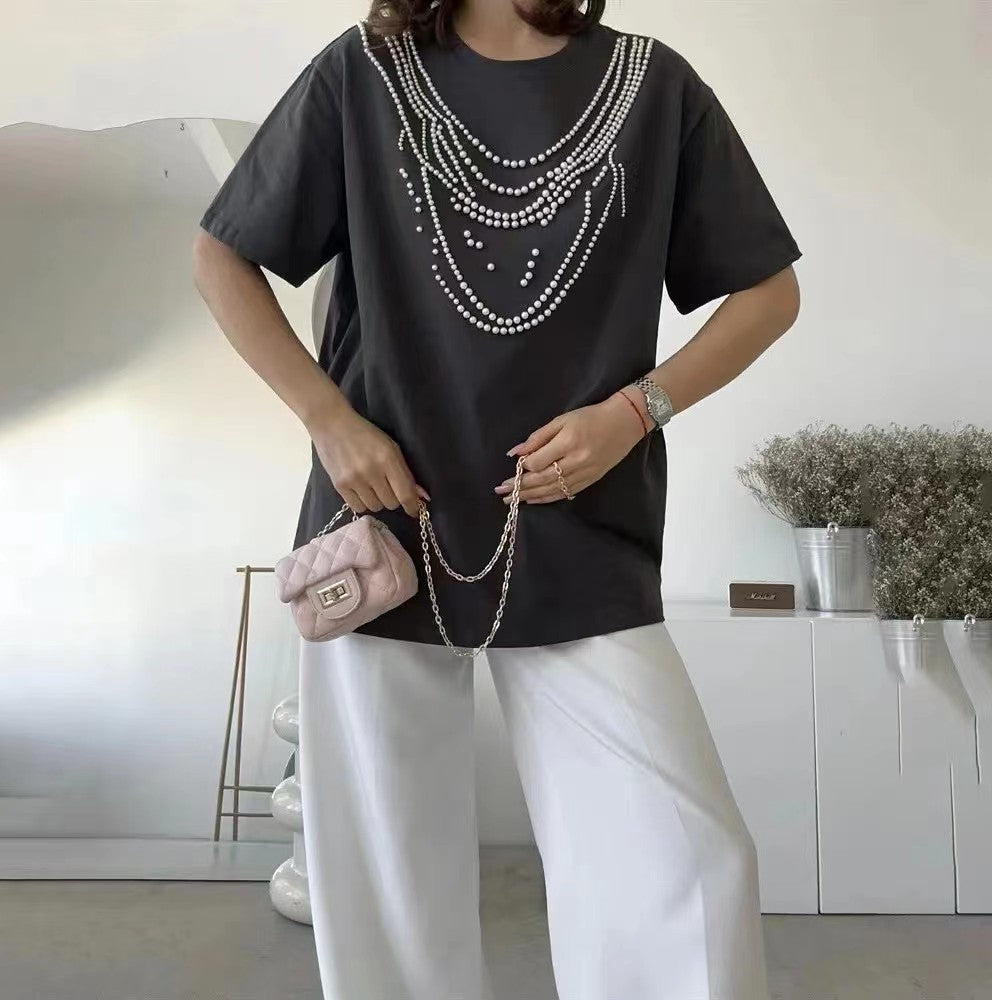 Heavy Industry Beads Pearl All-match Slimming And Fashionable Top Kamran Fashion