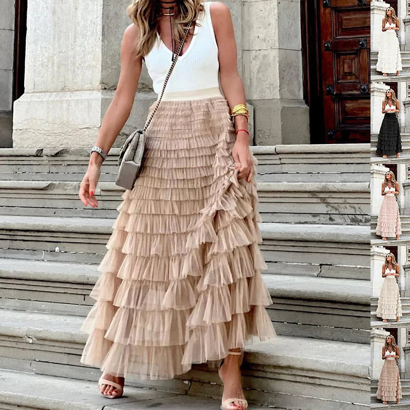 Layered Ruffles Cake Skirt Summer Fashion A Line Swing Mesh Long Skirt Party Dress Women Kamran Fashion