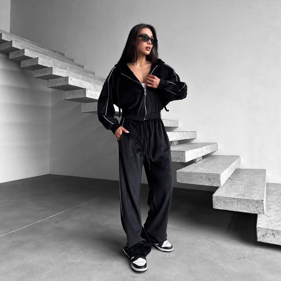 Women's Casual Velvet Hooded Cardigan Coat Wide-leg Pants Sports Suit Kamran Fashion