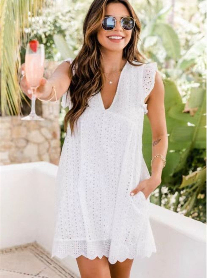 Lace Dresses With Pocket Summer Sleeveless Jacquard Cutout V-Neck Beach Dress Kamran Fashion