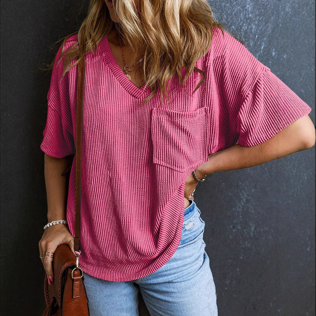 Fashionable Two-tone Pullover Short Sleeve V-neck Top For Women Kamran Fashion