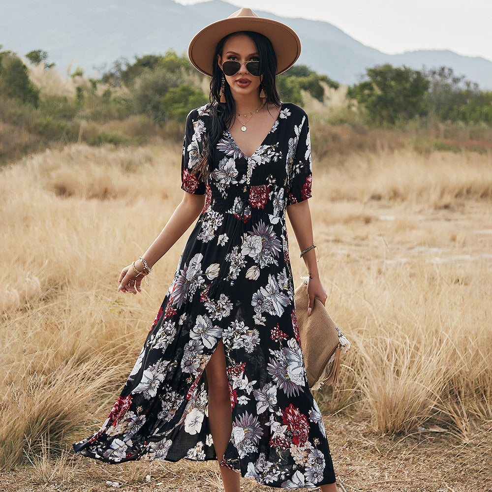 Floral Summer Beach Dress With V Neck Elastic Waist Dresses For Women Kamran Fashion