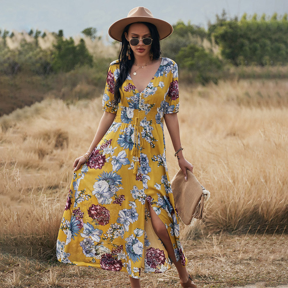 Floral Summer Beach Dress With V Neck Elastic Waist Dresses For Women Kamran Fashion
