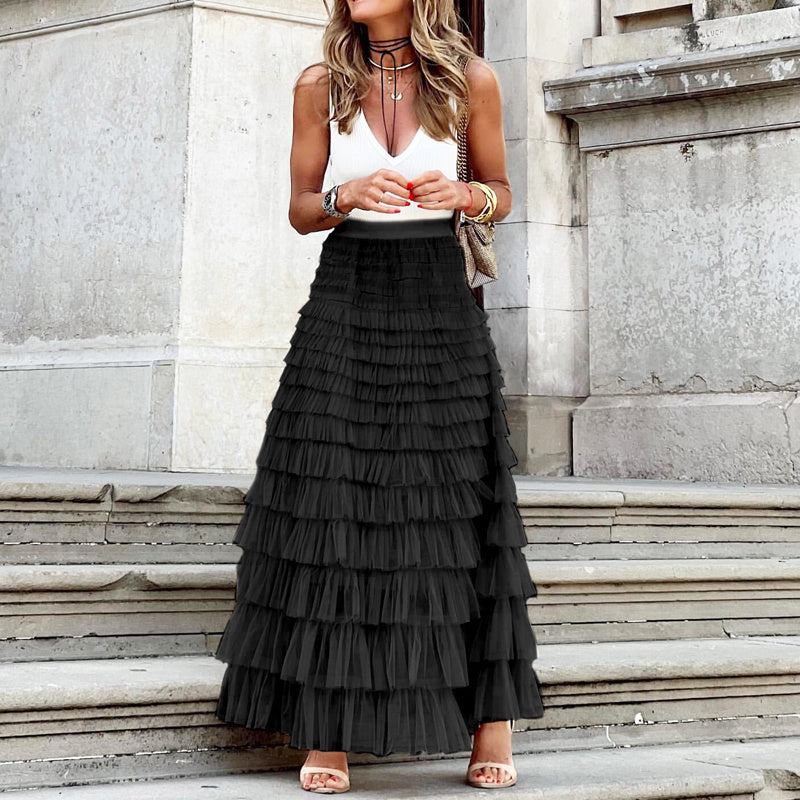 Layered Ruffles Cake Skirt Summer Fashion A Line Swing Mesh Long Skirt Party Dress Women Kamran Fashion