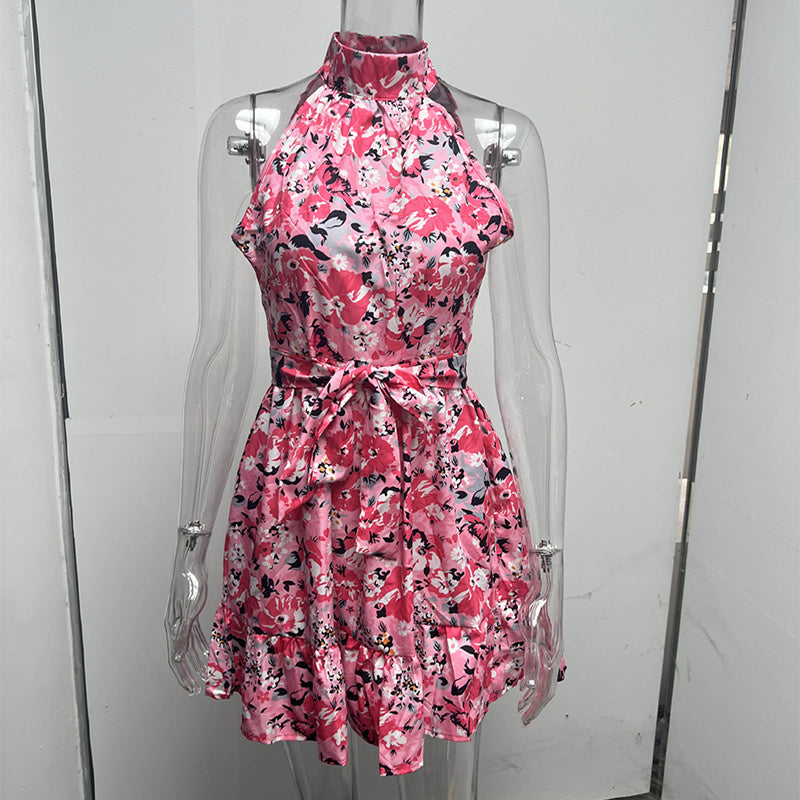 New Flowers Print Halterneck Dress Summer Fashion Temperament Lace-up Ruffled Dresses For Women Kamran Fashion