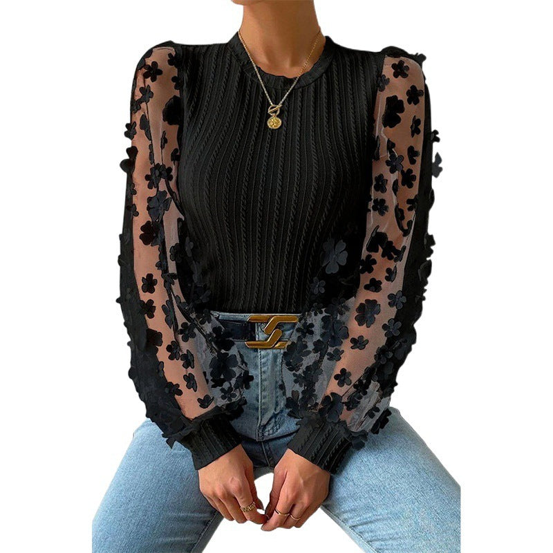 Women's Mesh Small Flower Chiffon Shirt Summer Round Neck Long Sleeve Top Kamran Fashion