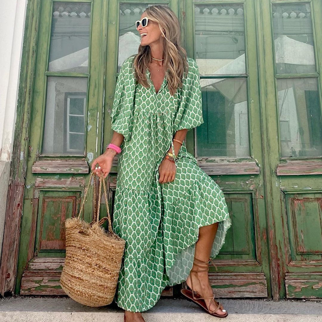 Summer Women's Vintage Printed Bohemian Dress Elegant Ladies Casual Loose V-Neck Short Sleeve Long Dresses Kamran Fashion