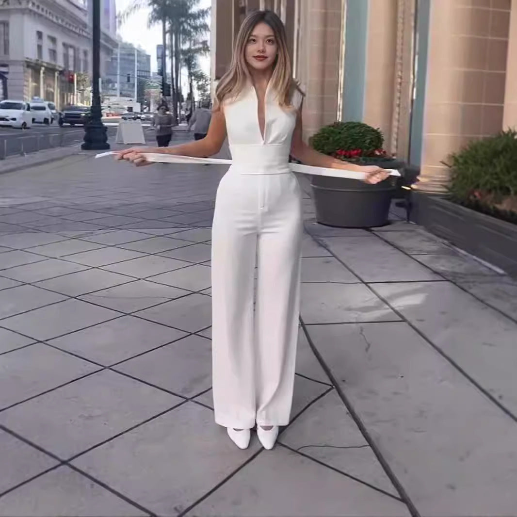 Solid Color Low Neck Sleeveless Tight Jumpsuit Kamran Fashion