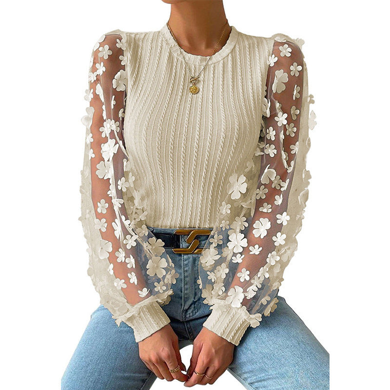 Women's Mesh Small Flower Chiffon Shirt Summer Round Neck Long Sleeve Top Kamran Fashion