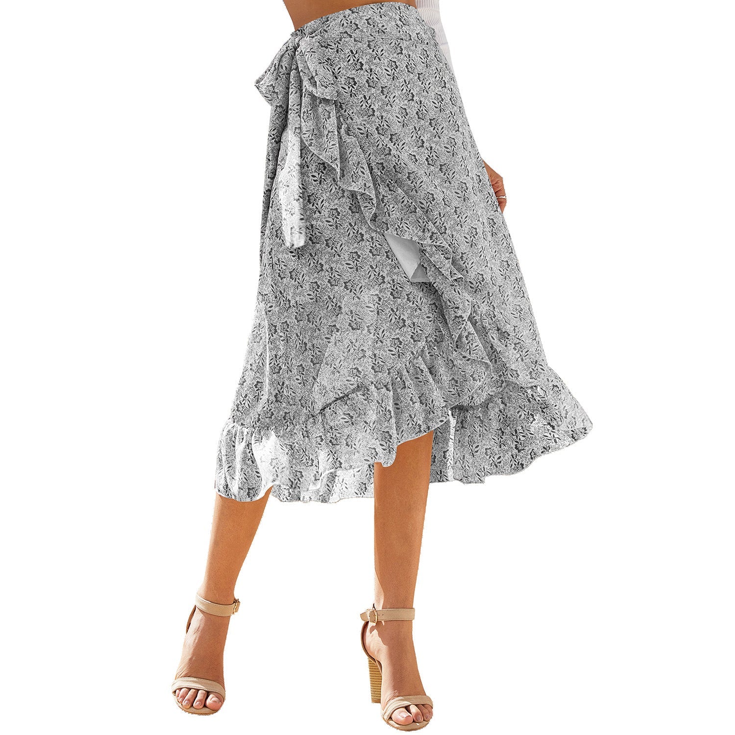 Woman Skirts High Waist Fashion Long Black Knotted Tied Wrap Floral Ruffle Chiffon A-Line Split Skirt Spring Summer Clothes Kamran Fashion
