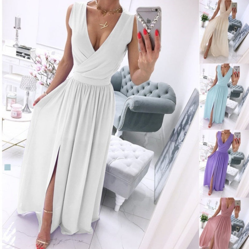 Women's Summer Sleeveless And Ankle Skirt Solid Color V-neck Front Split Long Dress Kamran Fashion