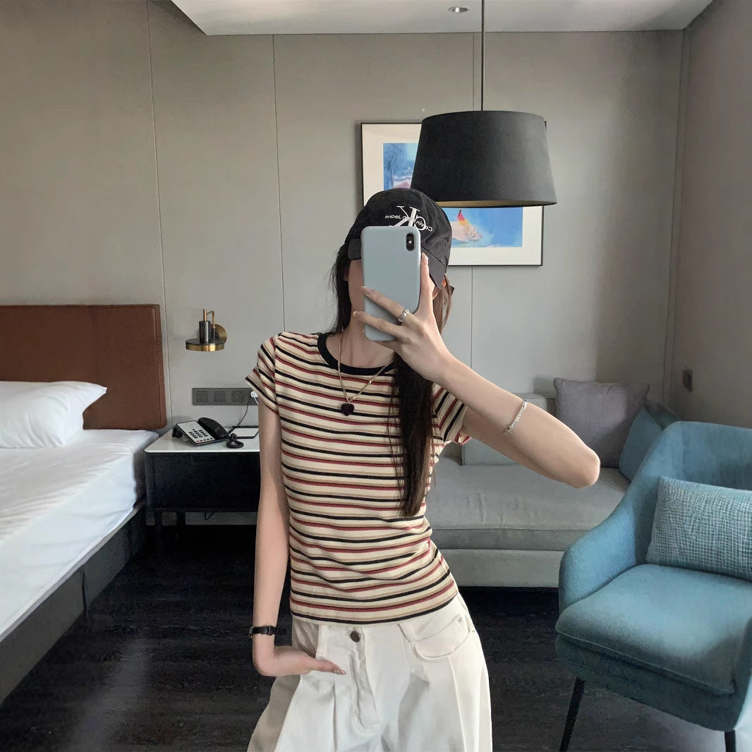 Contrast Color Striped Round Neck Short Sleeve Women's Shoulder Top Kamran Fashion