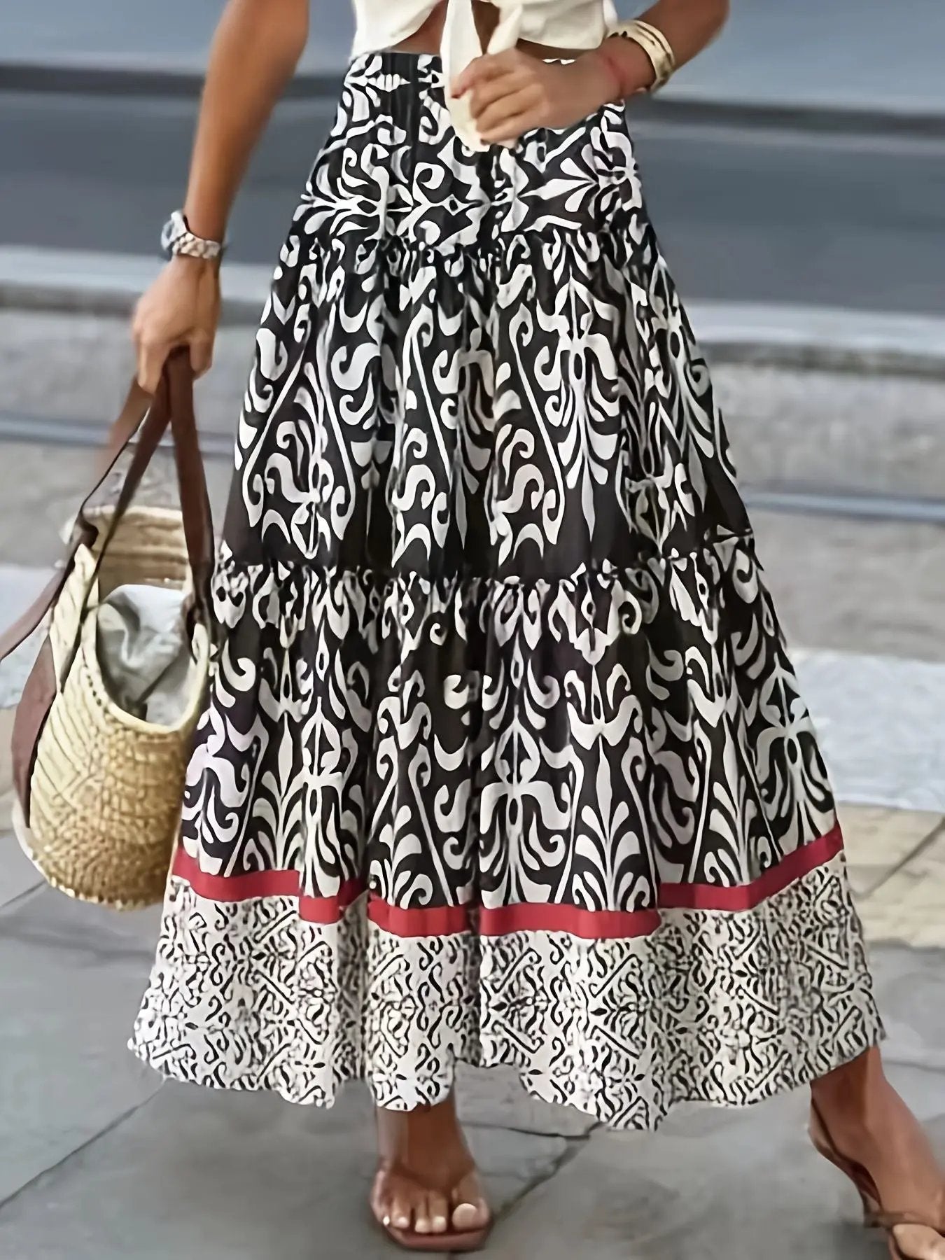 European American Summer New Printed Loose Stitching Large Swing Skirt Kamran Fashion
