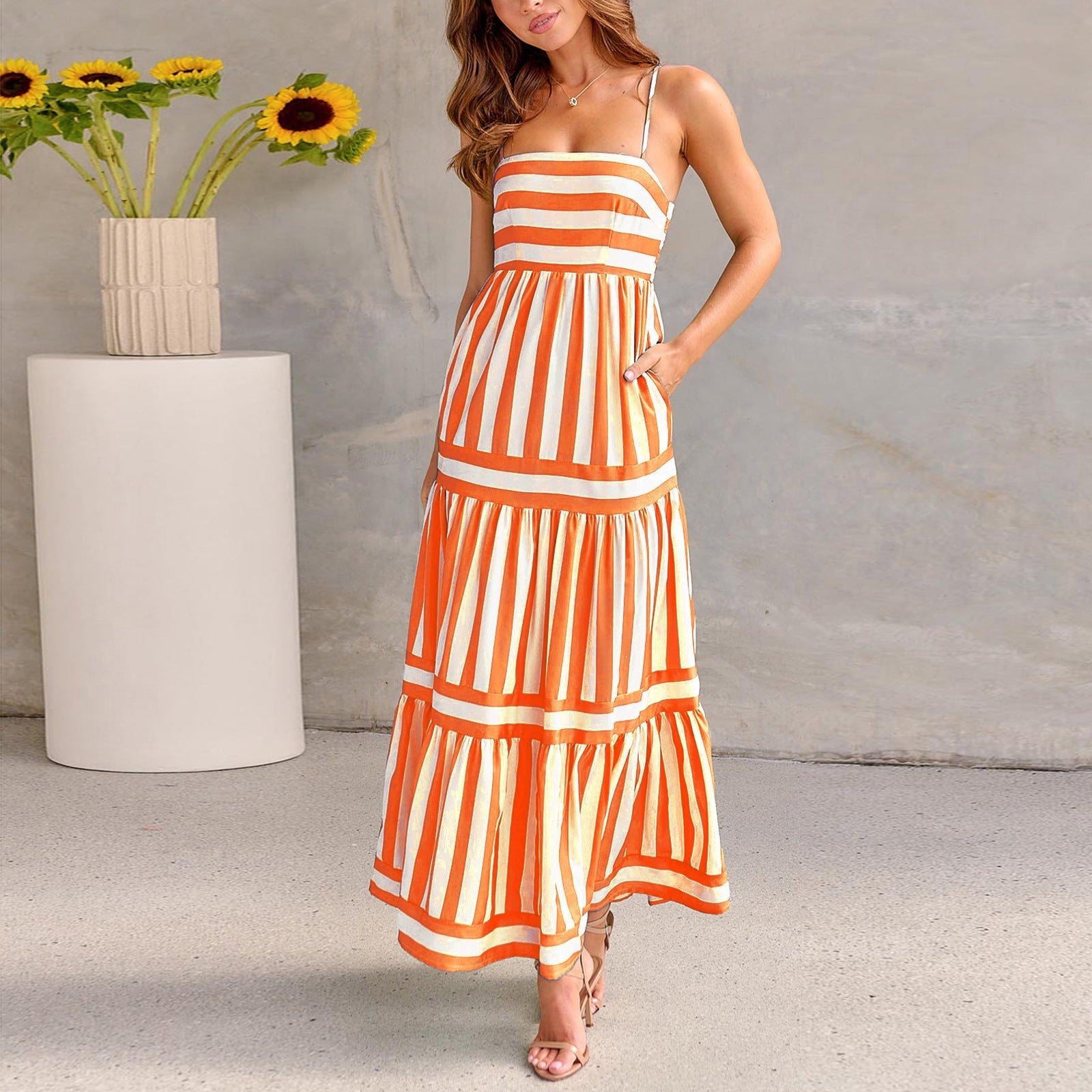 Summer Striped Printed Suspender Long Dress With Pockets Fashion Square Neck Backless Dresses For Beach Vacation Women Clothing Kamran Fashion