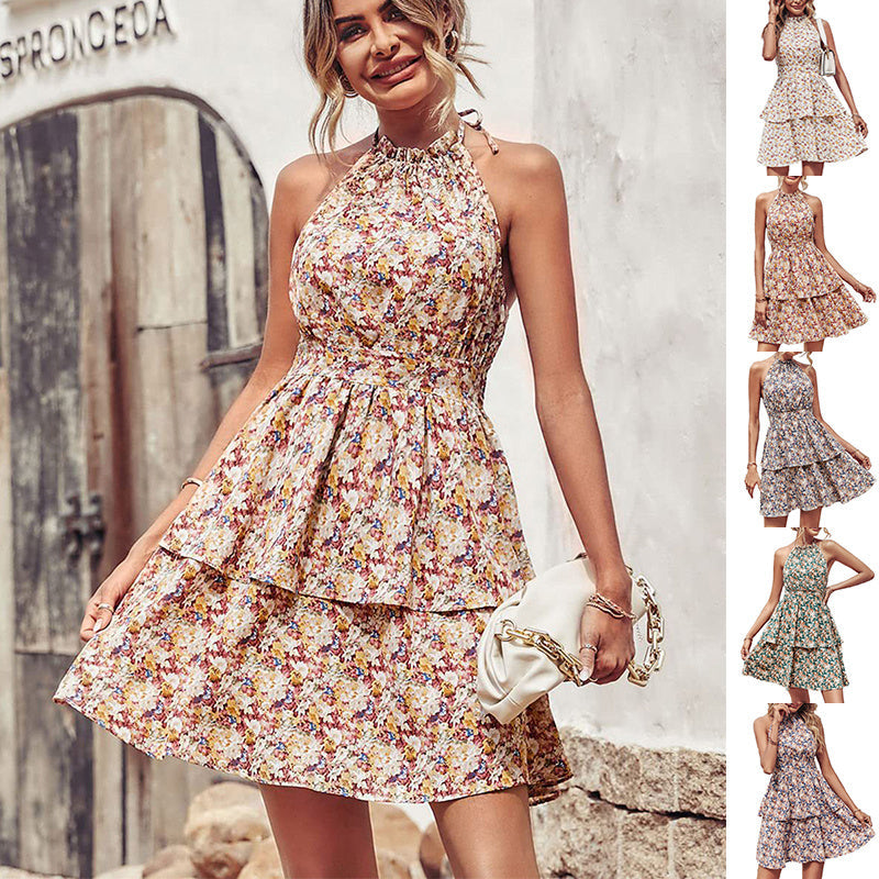 Summer Printed Halter Dress Fashion Boho Backless Ruffled A-Line Beach Dresses For Womens Clothing Kamran Fashion