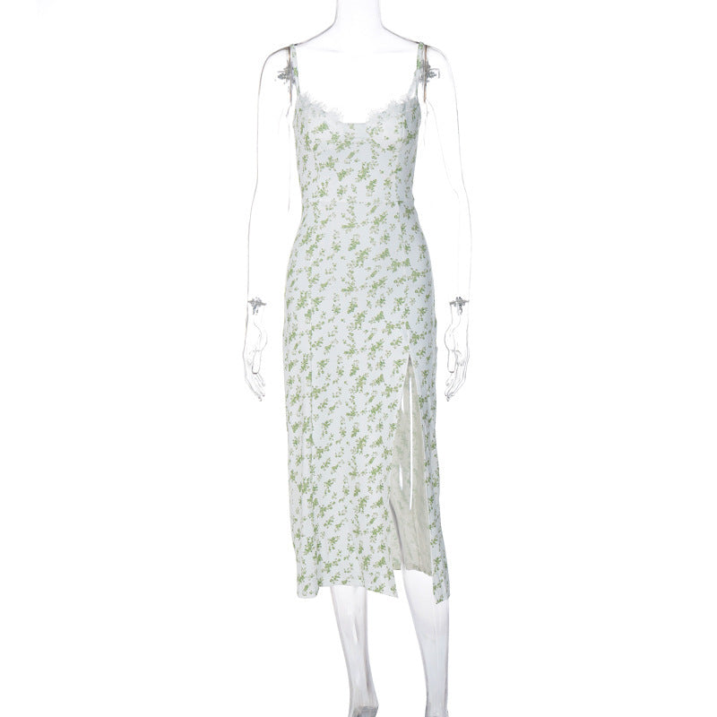 Lace Flowers Print Long Dress Sexy Fashion Slit Suspender Dress Summer Womens Clothing Kamran Fashion