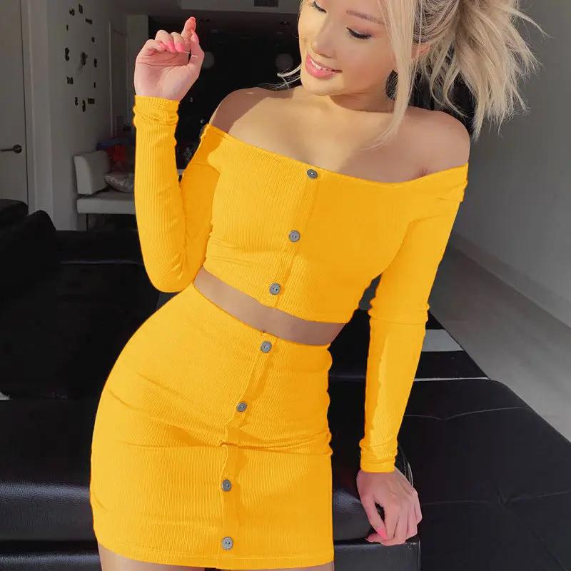 Fashion Trend Woman Sexy Off Shoulder Set Solid Button Bodycon 2 Pcs Sets Women Long Sleeve Top And Skirt Summer Autumn Sets Kamran Fashion