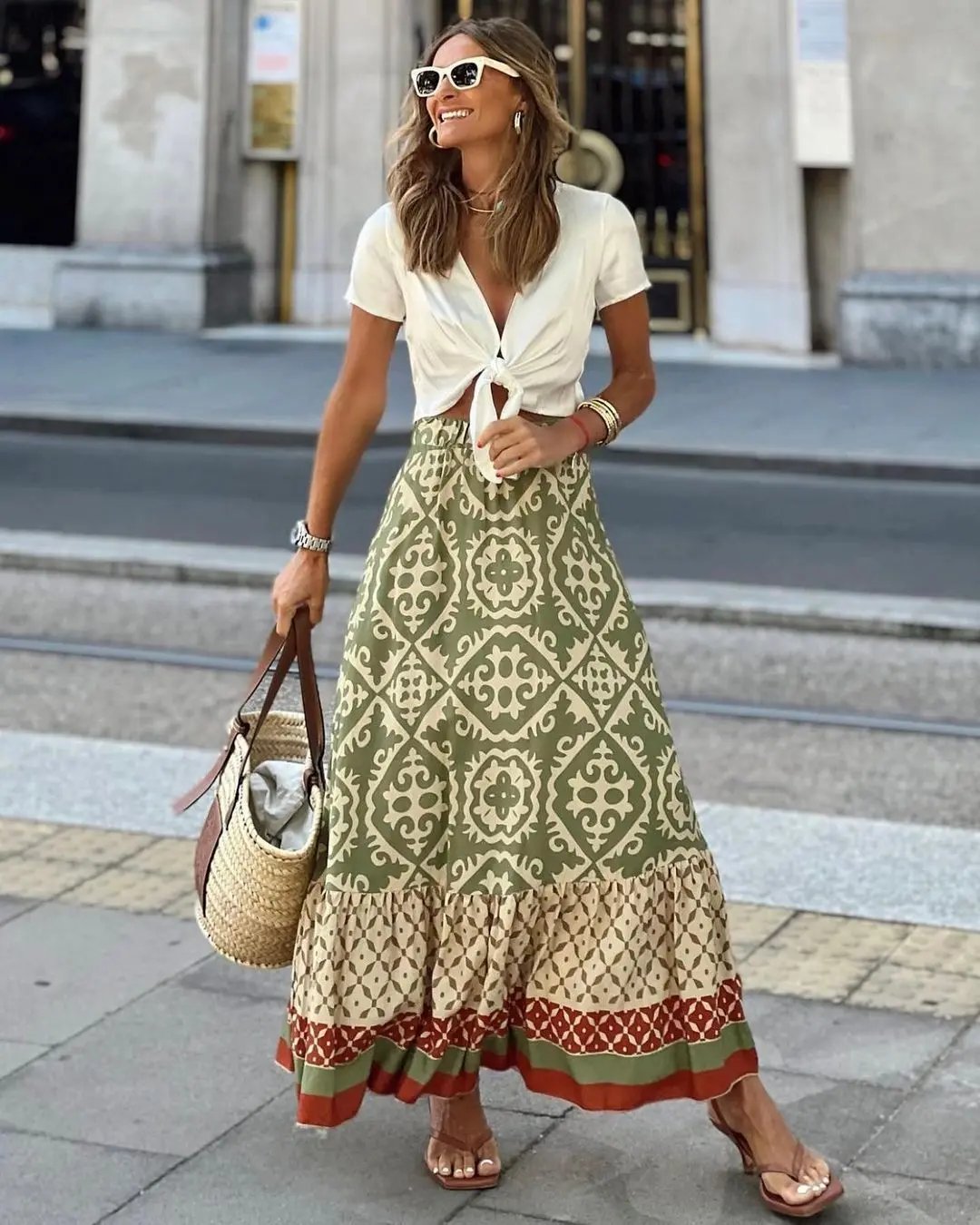 European American Summer New Printed Loose Stitching Large Swing Skirt Kamran Fashion
