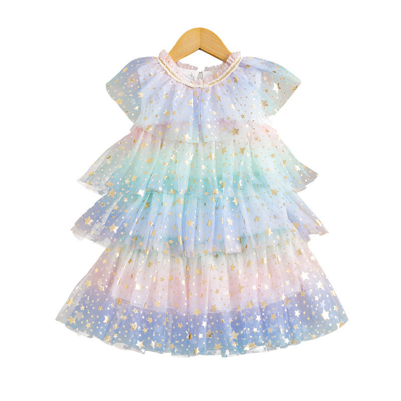 Girls Summer Rainbow Star Net Yarn Kids Princess Cake Dress Kamran Fashion