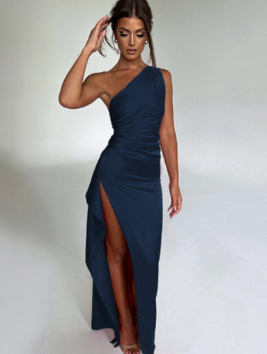 Sexy One-shoulder Backless Slit Dress Summer Elegant Slim-fit Solid Color Satin Dresses For Women Kamran Fashion