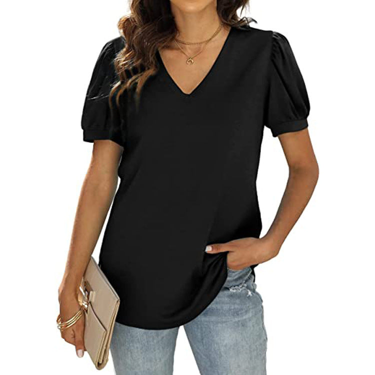 European And American Summer Casual V-neck Solid Color Puff Sleeve Loose T-shirt For Women Kamran Fashion