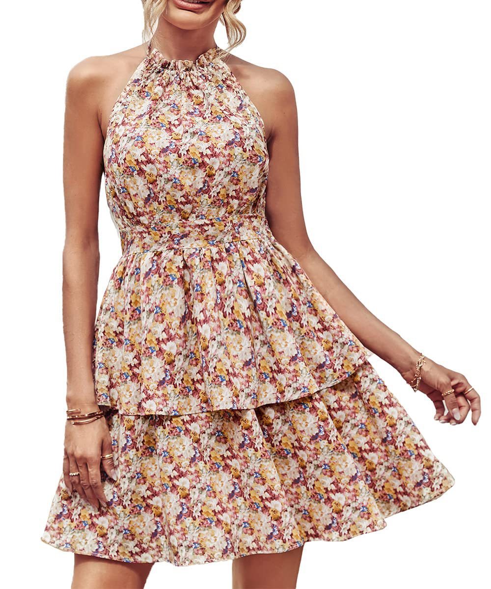Summer Printed Halter Dress Fashion Boho Backless Ruffled A-Line Beach Dresses For Womens Clothing Kamran Fashion