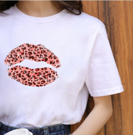 Leopard Print Love Lip Print Fashion Western Style Summer Ladies Print Short-sleeved T-shirt Top Kamran Fashion