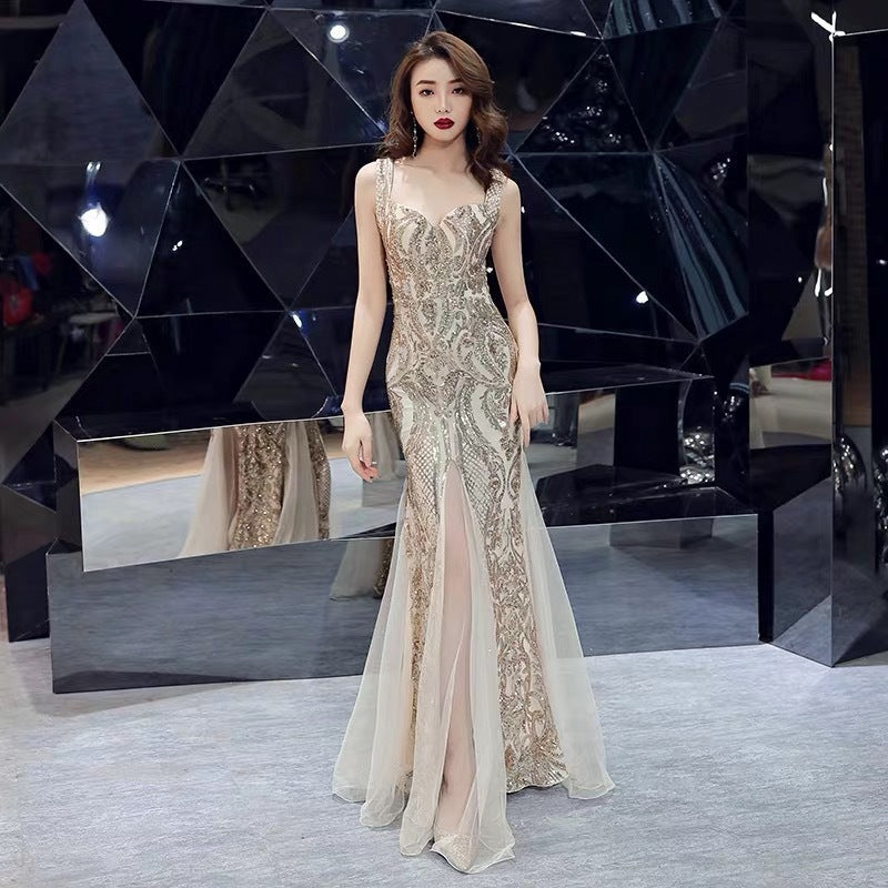 Fishtail Long Summer Sequins Sling Evening Dress Banquet Kamran Fashion