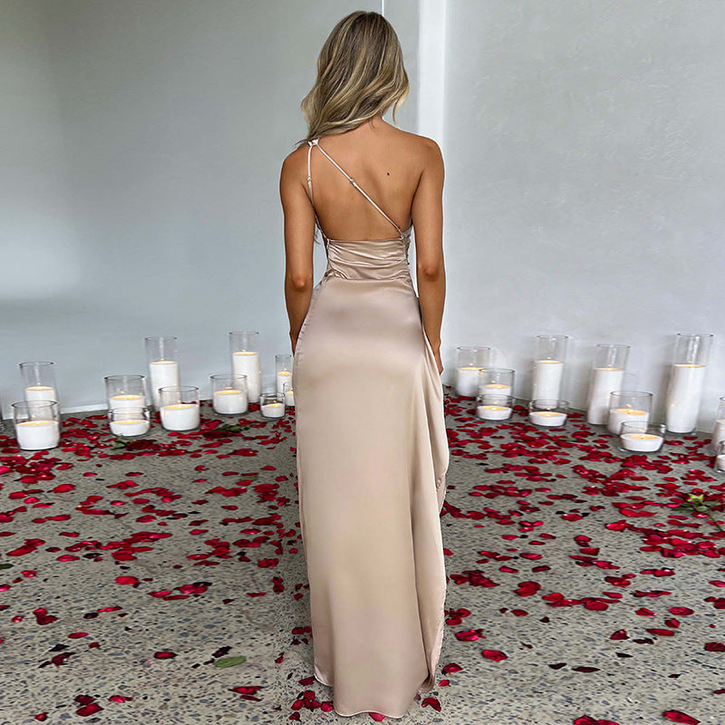 Sexy One-shoulder Backless Slit Dress Summer Elegant Slim-fit Solid Color Satin Dresses For Women Kamran Fashion