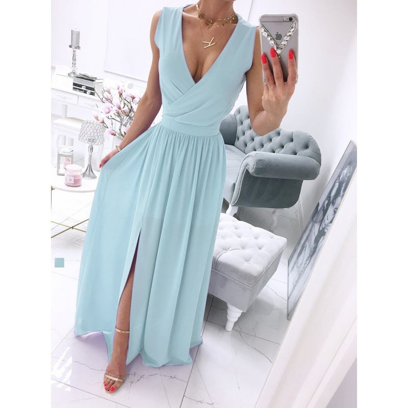 Women's Summer Sleeveless And Ankle Skirt Solid Color V-neck Front Split Long Dress Kamran Fashion